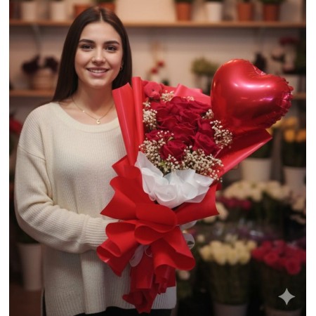 Kadife Gül Ayıcıklı Kalp Balonlu Buket